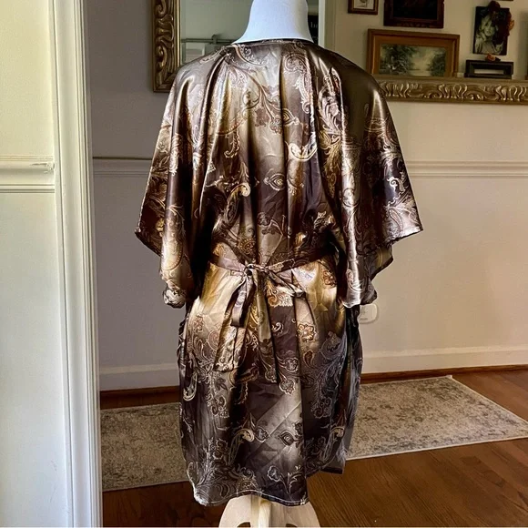 Vintage Gold 60s 70s silky Paisley Kaftan Mini butterfly Dress Angel Sleeves - Picture 7 of 16